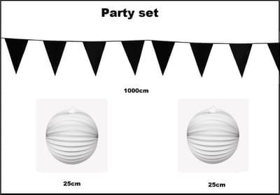 Party set zwart/wit - 1x Vlaggenlijn zwart 1000cm + 2x Lampion wit 25cm -party festival thema feest