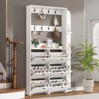 Garderoberek - 120x24x200 cm - 3-in-1 met Klapdeur - 8 Haken en 5 Planken - Hout - Wit