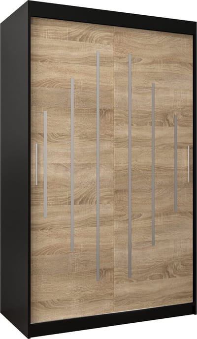 InspireMe - Kledingkast met 2 schuifdeuren, Modern-stijl, Een kledingkast met planken (BxHxD): 120x200x62 - MALTESE 120 Zwart Mat + Sonoma Eik