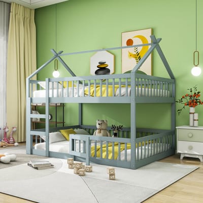 MEUNIQ stapelbed 140x200 cm met trap en uitvalbeveiliging, houten bedframe voor kinderkamer, 205 x 145 x 205 cm, grijs