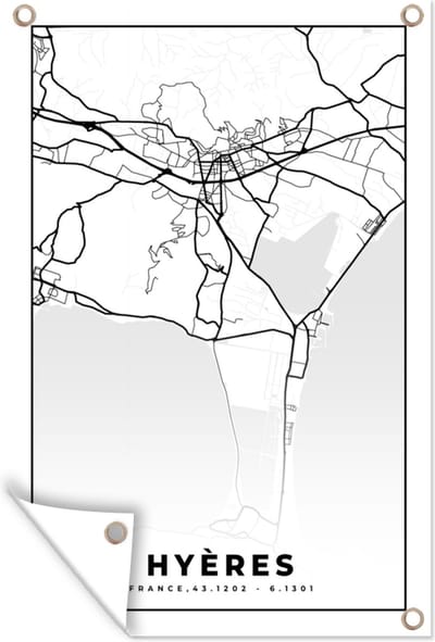 Muurdecoratie Frankrijk - Plattegrond - Hyères - Stadskaart - Kaart - Zwart wit - 120x180 cm - Tuinposter - Tuindoek
