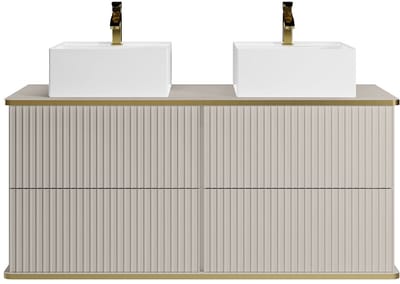 Vente-unique Zwevend gestreept badkamermeubel met gouden biezenrand en dubbele vierkante opzetwastafel - Beige - 120 cm - KELIZA