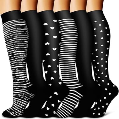 MDUG Unisex compressiekousen - Verpakking van 6 paar - S/M - Zwart & Wit - Bevordert de bloedsomloop - Geschikt voor hardlopen, verzorging, fitness, enz. - Biedt optimale ondersteuning