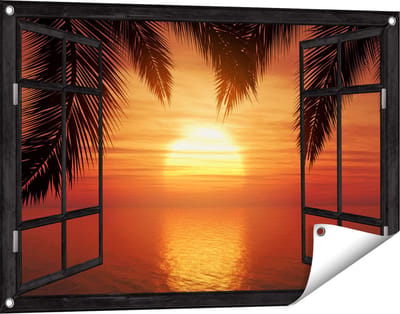 Gards Tuinposter Doorkijk Zonsondergang op het Strand met Palmbomen - 90x60 cm - Tuindoek - Tuindecoratie - Wanddecoratie buiten - Tuinschilderij