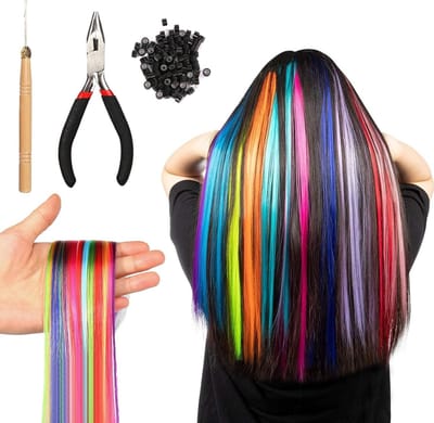 Kleurrijke Haarextensions Set met 100 Stukken, Veertjes, Haarspelden en 100 Kralen voor Perfecte Styling