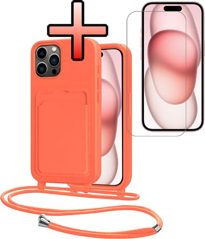 Hoes Geschikt voor iPhone 14 Pro Max Hoesje Pasjeshouder Cover Met Koord Case Siliconen Hoes Met Telefoonkoord en Kaarthouder Met Screenprotector - Papaya