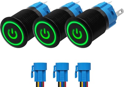 ProRide Drukschakelaar ON-OFF 12V/24V - 16mm Metaal - Waterdicht - LED Groen - Met Kabels - 3 stuks