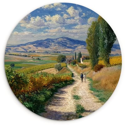 WallCircle® Wandcirkel 120x120 cm - Muurcirkel Mensen - Wandelen - Zandpad - Velden - Muurdecoratie woonkamer - Wanddecoratie slaapkamer - Kamer decoratie accessoires - Ronde schilderijen XXL