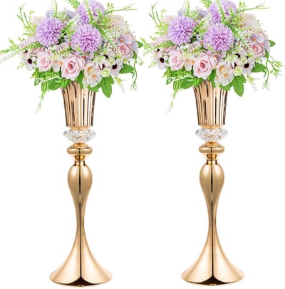 vazen voor tafelopzetstukken, 55,9 cm, 2 stuks, metaal, hoge trompetvazen, bruiloftsreceptie, tafelopzetstukken, kristallen bloemenvaas voor tafel, bruiloft, feest, evenement, woondecoratie