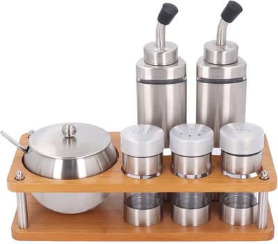 Kruidenhouder Set - Olie/Azijn Dispensers - Roestvrij Staal - Houten Rek - Peper/Zout Shakers - Erosiebestendig - Specerijhouder