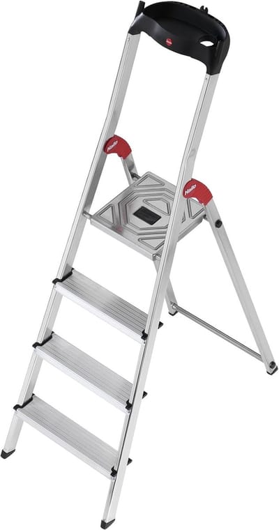 Huishoudtrap aluminium - Opstapkruk - Veilig klussen - Gereedschapsplank - 4 treden - Grijs