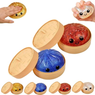 Knijpspeeltjes Knoedel - Glitter Squishy - Stressvermindering - Authentieke Stoommand - 10 cm - Blauw Rood