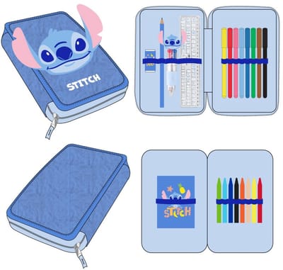 Disney Stitch Gevulde Etui - 1 Vaks Schooletui met Kleurpotloden, Stiften en Schoolspullen - Blauw