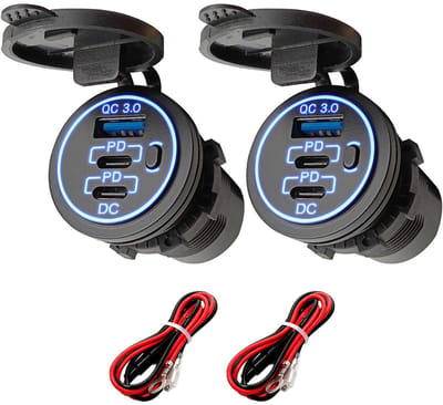 ProRide 12V USB-C Wandcontactdoos Inbouw - USB-A en USB-C - 3 Poorten - QC3.0 - Blauw - Kabel en Zekering - 2 stuks