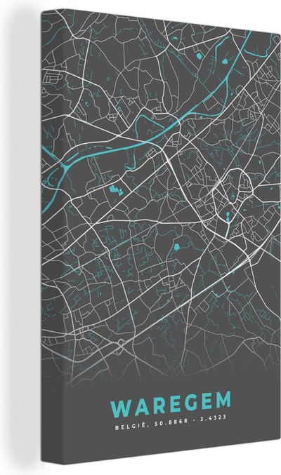 Canvas Schilderij België – Waregem – Stadskaart – Kaart – Blauw – Plattegrond - 20x30 cm - Wanddecoratie