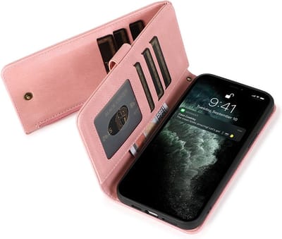 Zacht Leren geschikt voor iPhone 13 Pro Wallet Hoesje - roze
