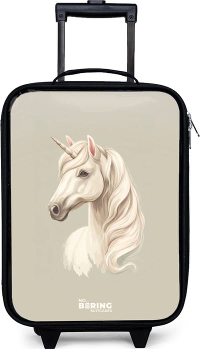 NoBoringSuitcases.com® - Kinderkoffer jongen - Kindertrolley meisje - Eenhoorn in neutrale kleuren - Koffer kind lichtgewicht - Reiskoffer trolley voor kinderen - Koffertje met lichtgevende wieltjes - Rolkoffer zwart