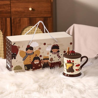 Temps Parent Enfant Tasse Chaude en Céramique Cadeau Fête des Déesses Tasse à Eau Mug Souvenir Cadeau de Haute Valeur avec Couvercle Boîte Cadeau 301-400ml