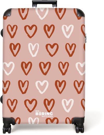 NoBoringSuitcases.com® - Koffer groot - Reiskoffer lichtgewicht - Hartjes patroon in roze en wit - Rolkoffer met 4 wielen - Grote trolley XL - 98 liter bagage