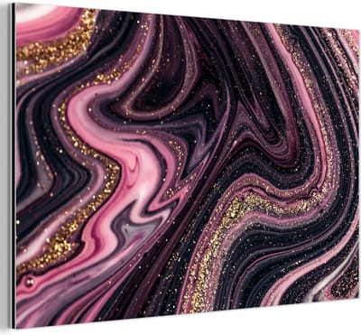 Wanddecoratie Metaal - Aluminium Schilderij Industrieel - Marmerlook - Roze - Paars - Goud - Luxe - Marmer - 30x20 cm - Dibond - Foto op aluminium - Industriële muurdecoratie - Voor de woonkamer/slaapkamer
