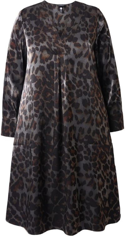 Ulla Popken - Dames - Midi-jurk luipaarddesign A-lijn V-hals lange mouwen - Donkermarine - Maat 50+