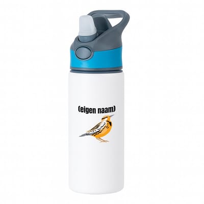 Hacebo® - oranje mus met eigen naam waterfles met rietje blauw - Vogels - dieren liefhebber - iemand die houdt van mussen - verjaardag - cadeau - kado - geschenk - water fles - 650ML