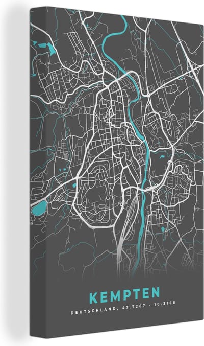 Canvas Schilderij Kempten – Stadskaart – Blauw – Plattegrond – Stadskaart – Kaart - Duitsland - 20x30 cm - Wanddecoratie