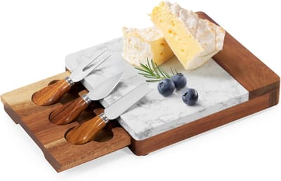 Famanu – Acaciahouten kaasplank met marmeren oppervlak en messen, elegante charcuterieplank voor wijn en antipasti – Wit
