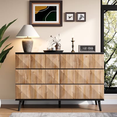 REDOM - Dressoir - Zes Lades En Verhoogde Fronten - Industrieel - Voor Woonkamer - MDF En Spaanplaat - Zwart En Naturel - 120 x 40 x 85 cm