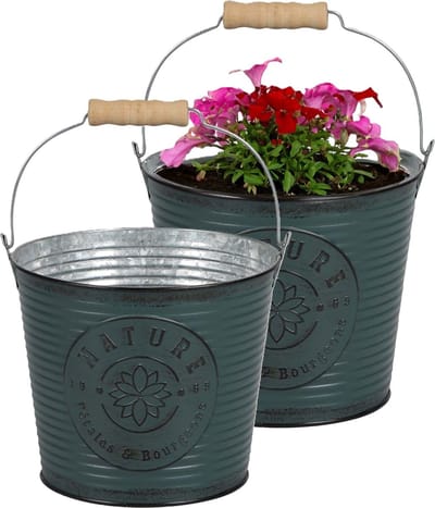 Sunnydays Emmer/plantenpot/bloempot - 2x - zink - petrolblauw - D23 x H22 cm