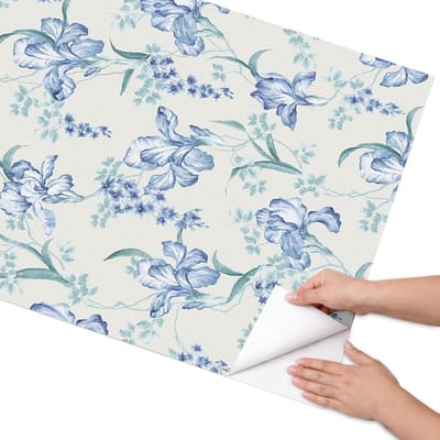 Coloray Meubel Wrap Folie - Blauw Meubelfolie - 75x150 cm - Plakfolie Meubels Bloemenpatroon - Decoratiefolie Zelfklevend - Vintage Meubelfolie - Meubelfolie Zelfklevend - Badkamer decoratie - Bloemen en planten
