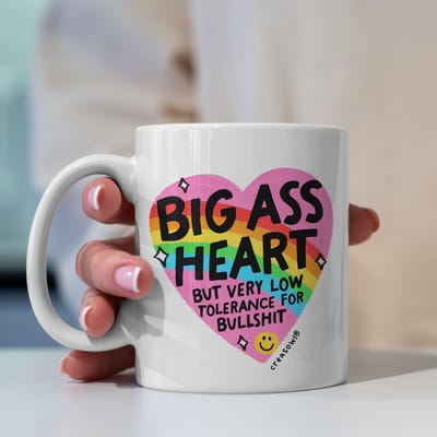 Creasowl® Big Ass Heart But Very Low Tolerance for Bullshit Mok – Keramische Witte Koffiemok 330ml - Grappige & Sarcastische Quote - Cadeau voor Vrienden, Familie & Collega’s - Koffie & Thee Mok