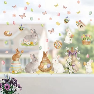 Dailygoods- Raamstickers Pasen - Cartoon Konijnen - Bloemen/Eieren - Waterdicht PVC - Niet-klevend - Decoratie 30 x 120 cm - Decoratiestickers