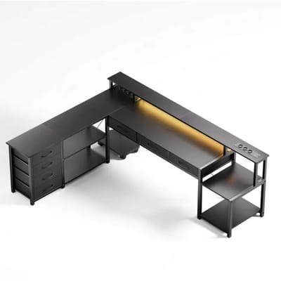 Computertafel, hoekig bureau met laden, stopcontacten en USB-poorten, monitorbevestiging en LED-verlichting. Zwart/Wit