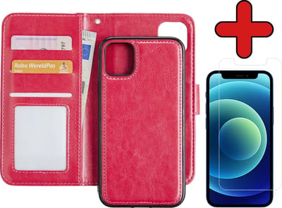 Hoesje - 2 in 1 - Geschikt voor Apple iPhone 12 - Met Screenprotector - En Uitneembare Hard Cover - Kunstleer - Bookcase - Wallet Case - Met Pasjeshouder - Book Case - Uitneembaar - Pashouder - Telefoonhoes - Donkerroze
