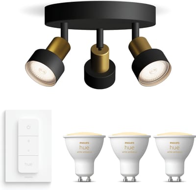 Philips Hue Conduit Opbouwspot (Zwart/Goud) - Warm tot Koelwit Licht - Incl. Hue Dimmer Switch - Plafondspot met 3 Lichtpunten - GU10 - Hue White Ambiance