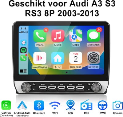 Junsun Autoradio Geschikt Voor Audi A3 S3 RS3 8P (2003-2013) Accessoires - Andriod 15, Draadloze CarPlay, DAB+, GPS-Navigatie, Bluetooth, DAB+, FM, GPS-Navigatie, Bluetooth, 10.1-inch Touchscreen, 2GB+64GB, DSP, Quad-core processor