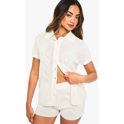 boohoo Dames Bloemige Gebreide Haakshort | Cream | Maat: Large