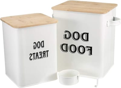 Set voor het opslaan van huisdiervoeding met schep - Beige poeder - Houten deksels - Gecoat koolstofstaal - Voedselopslag voor katten en honden - Dierenbenodigdheden