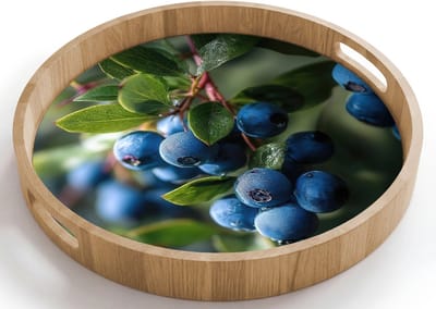 Dienblad rond 40x40 cm - Schootdienblad hout - Blauwe bessen - Dauwdruppels - Natuurlijk licht - Borrelplank rechthoek - Plateau houten dienbladen