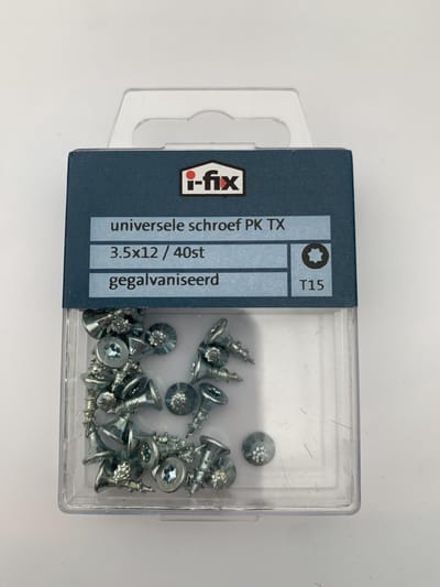 Houtschroef. 3.5 x 12mm. lang. Platkop-torx.--T-10. Verzinkt. 40 stuks Spaanplaatschroeven Ifix.