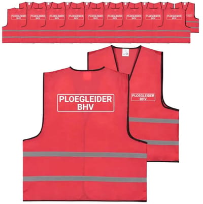 Ploegleider BHV hesje rood | voor- en achterkant bedrukt | 10 stuks
