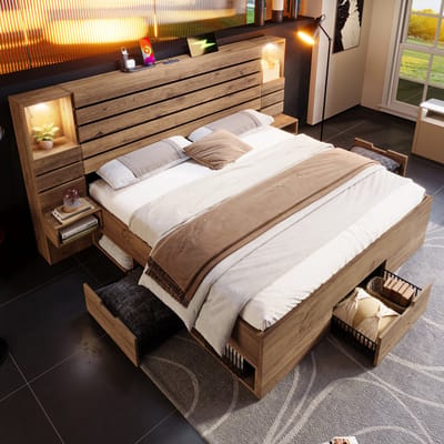 STILVORA Houten Bed 160x200 cm – Spots Met Touchdimmer & Oplaadpoorten – Verlichte Nis – Lades En Opbergvakken – Zonder matras – Eiken