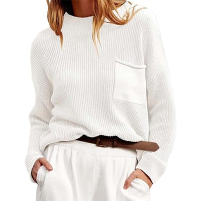 Pull à manches longues pour femme en tricot torsadé surdimensionné Y2k confortable col montant tunique S blanc
