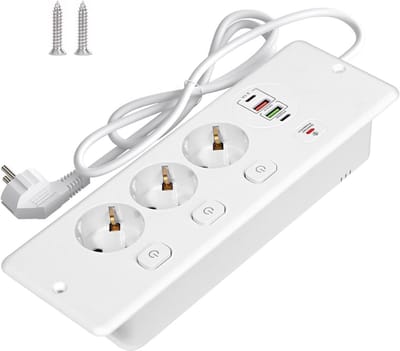 Inbouwtafelcontactdoos met USB-C, 3 Stopcontacten en 4 USB-Poorten, Uitschuifbaar, Wit