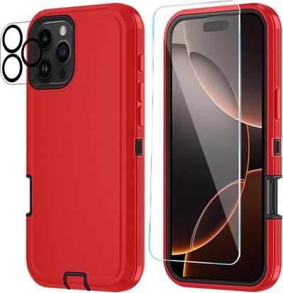 Stravo Heavy Duty Hoes voor iPhone 16 Pro Max – Rood – Schok- & Stofbestendig – 3-laags Bescherming met Ingebouwde Screen- & Lensprotector