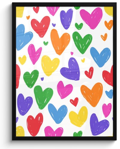 Poster in lijst - Fotolijst 60x80 cm - Posters - Hartjes - Patroon - Kleurrijk - Tekening - Posterlijst zwart - Decoratie - Wanddecoratie woonkamer - Muurdecoratie slaapkamer