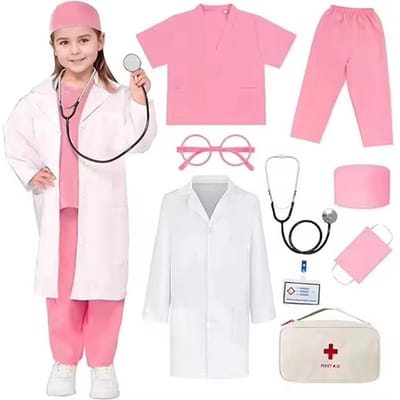 9 PIÈCES Uniformes d'Infirmier pour Garçons et Filles Blanches Blouses Chirurgicales de Médecin Avec Stéthoscope Costume de Performance pour Fête de Carnaval d'Enfants 110