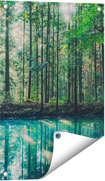 Gards Tuinposter Bos bij een Groen Meer - 40x60 cm - Tuindoek - Tuindecoratie - Wanddecoratie buiten - Tuinschilderij