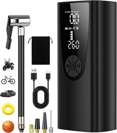 3-in-1 oplaadbare luchtpomp–6000 mAh, 150 PSI–powerbank + LED,Voor auto, fiets, bal–draadloos en zakformaat–ook zaklamp en powerbank
